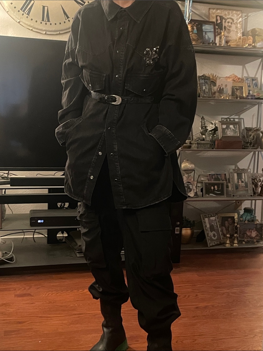 The Kooples Black Denim Shirt Jacket with Beaded Crest